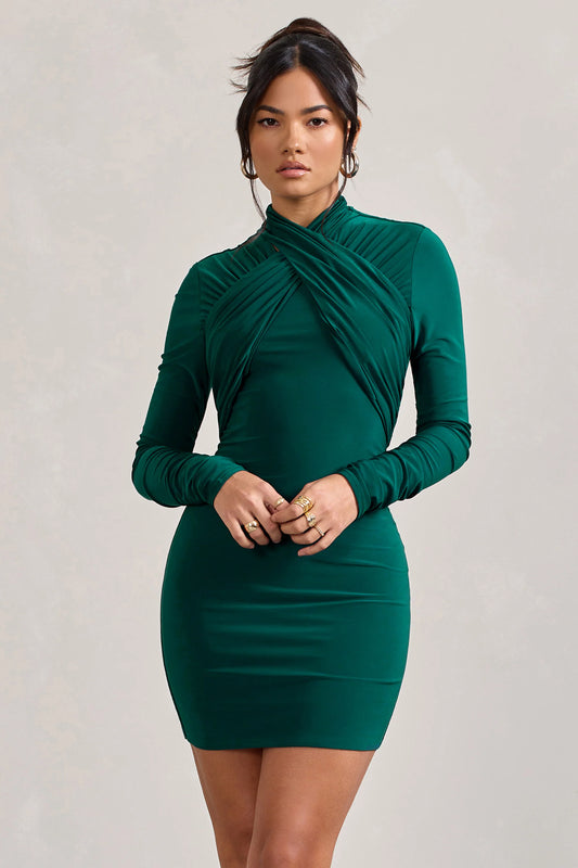 Eve | Bottle Green Crossed-Neck Long-Sleeved Bodycon Mini Dress