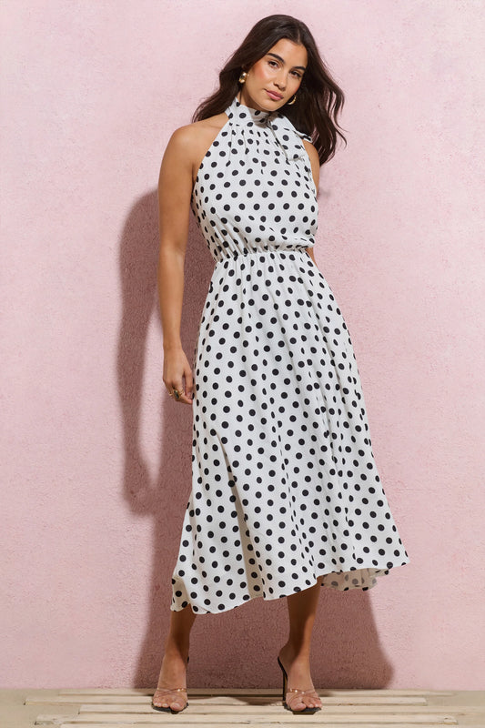 Winona | White Polka Dot High-Neck Split Midi Dress With Bow