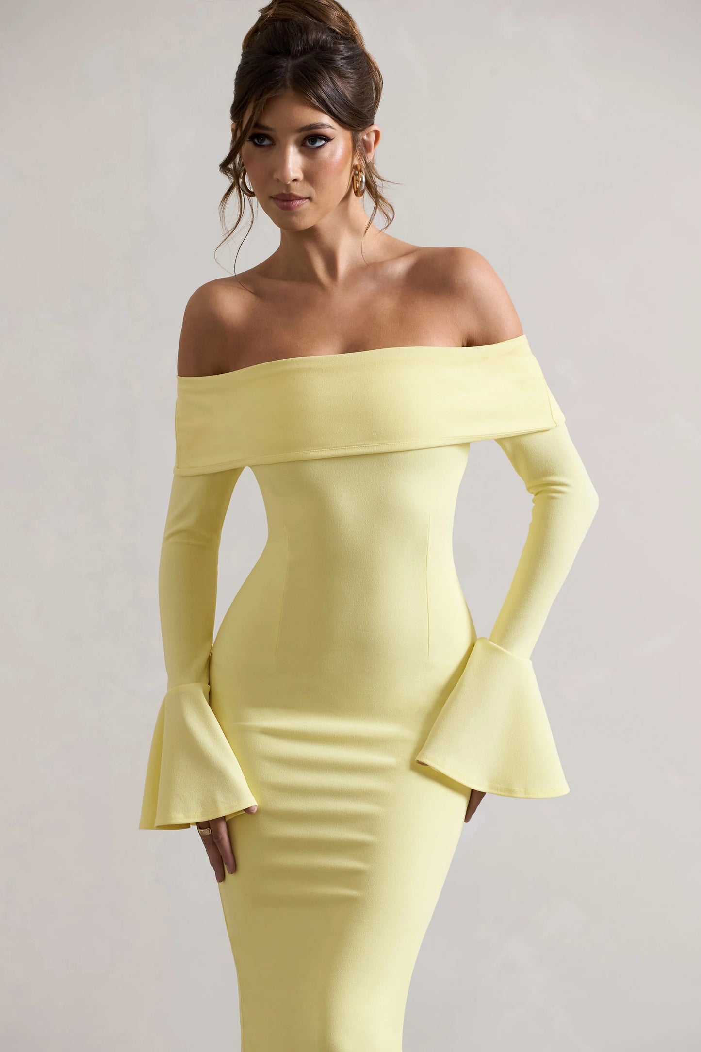 Emma | Lemon Bardot Flared-Sleeve Midi Dress