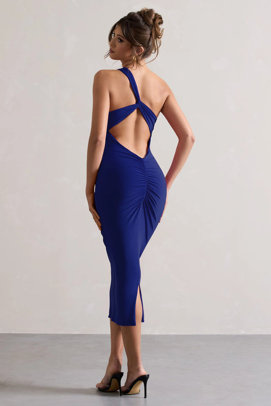 Vineyard | Cobalt Blue Asymmetric Backless Bodycon Midi Dress