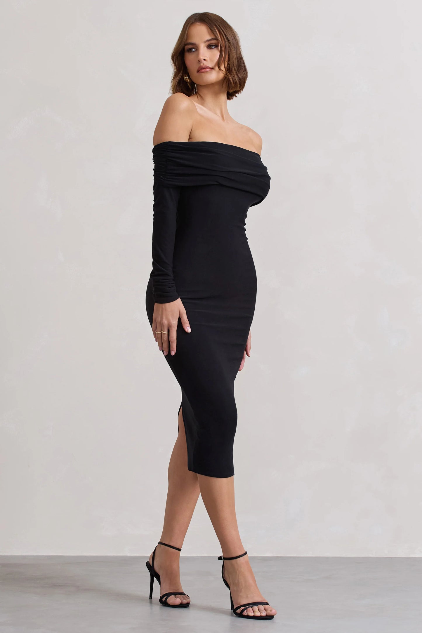 Intercept | Black Bodycon Bardot Tie-Back Midi Dress