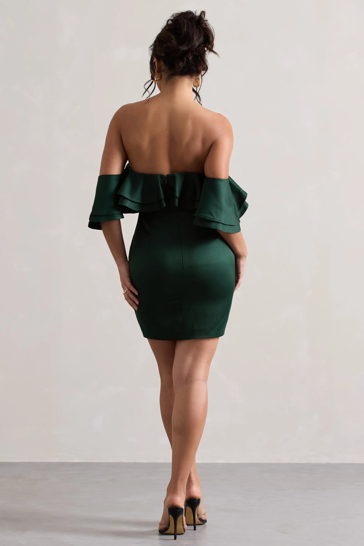 Aspen | Bottle Green Bardot Mini Dress With Ruffles