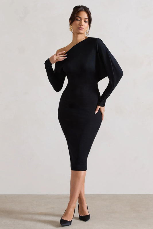 Thora | Black Rib Knit One-Shoulder Midi Dress