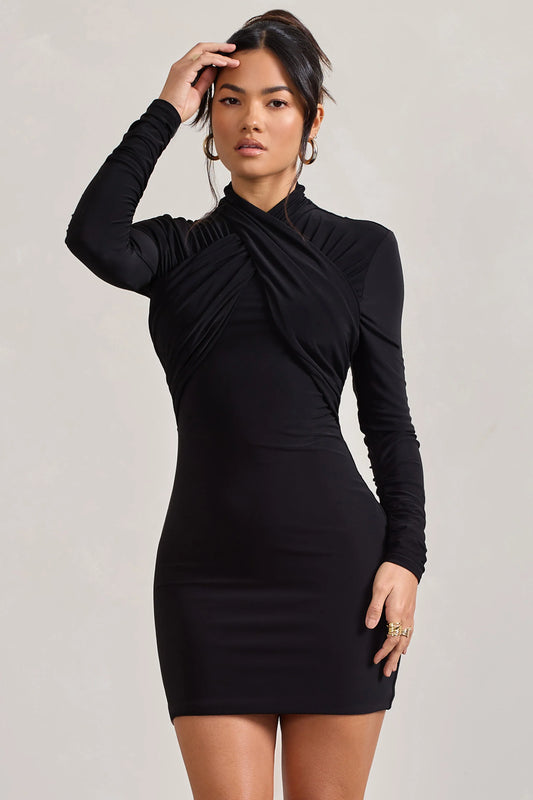 Eve | Black Crossed-Neck Long-Sleeved Bodycon Mini Dress