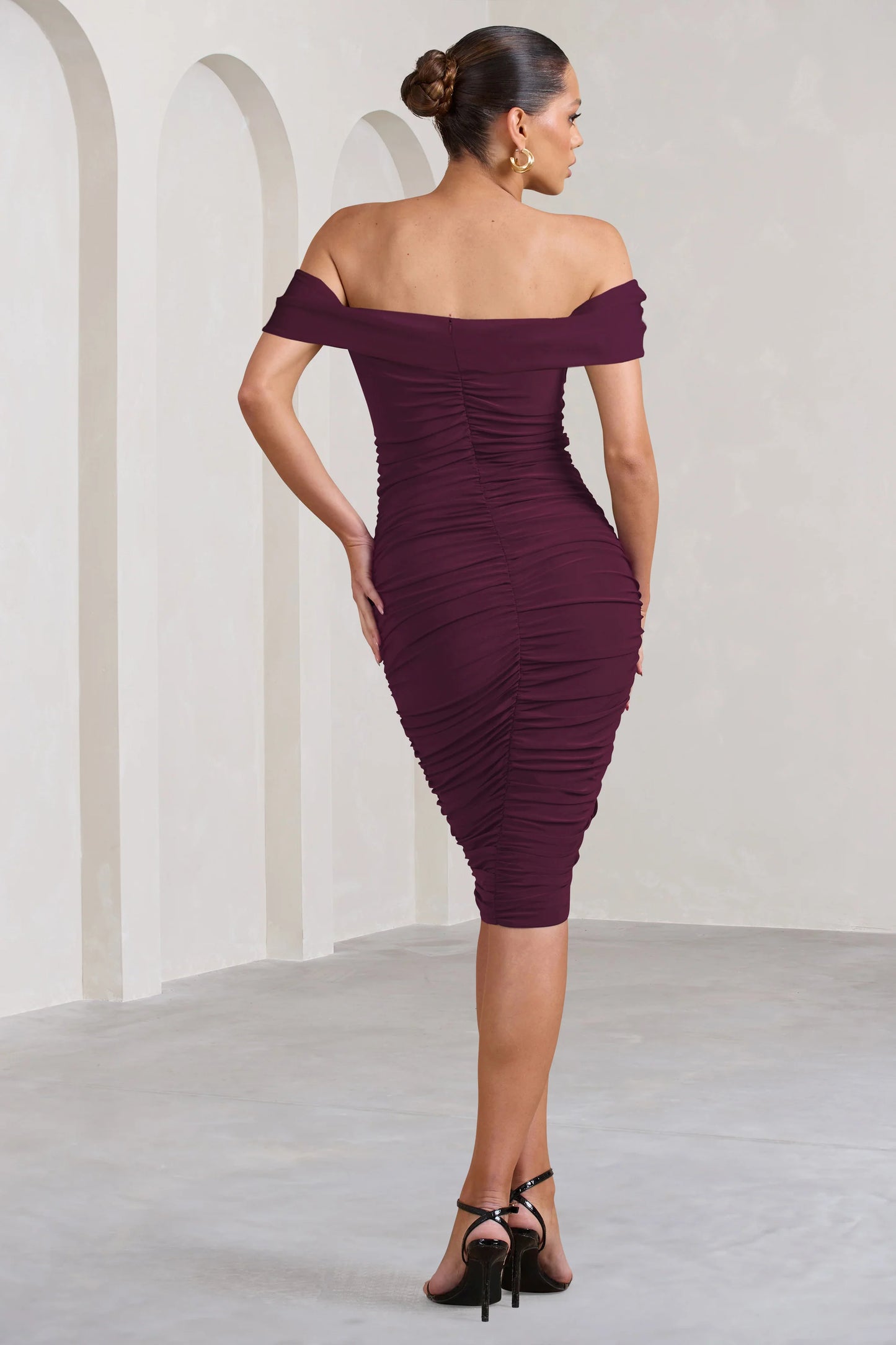 Gratitude | Plum Off The Shoulder Ruched Midi Dress