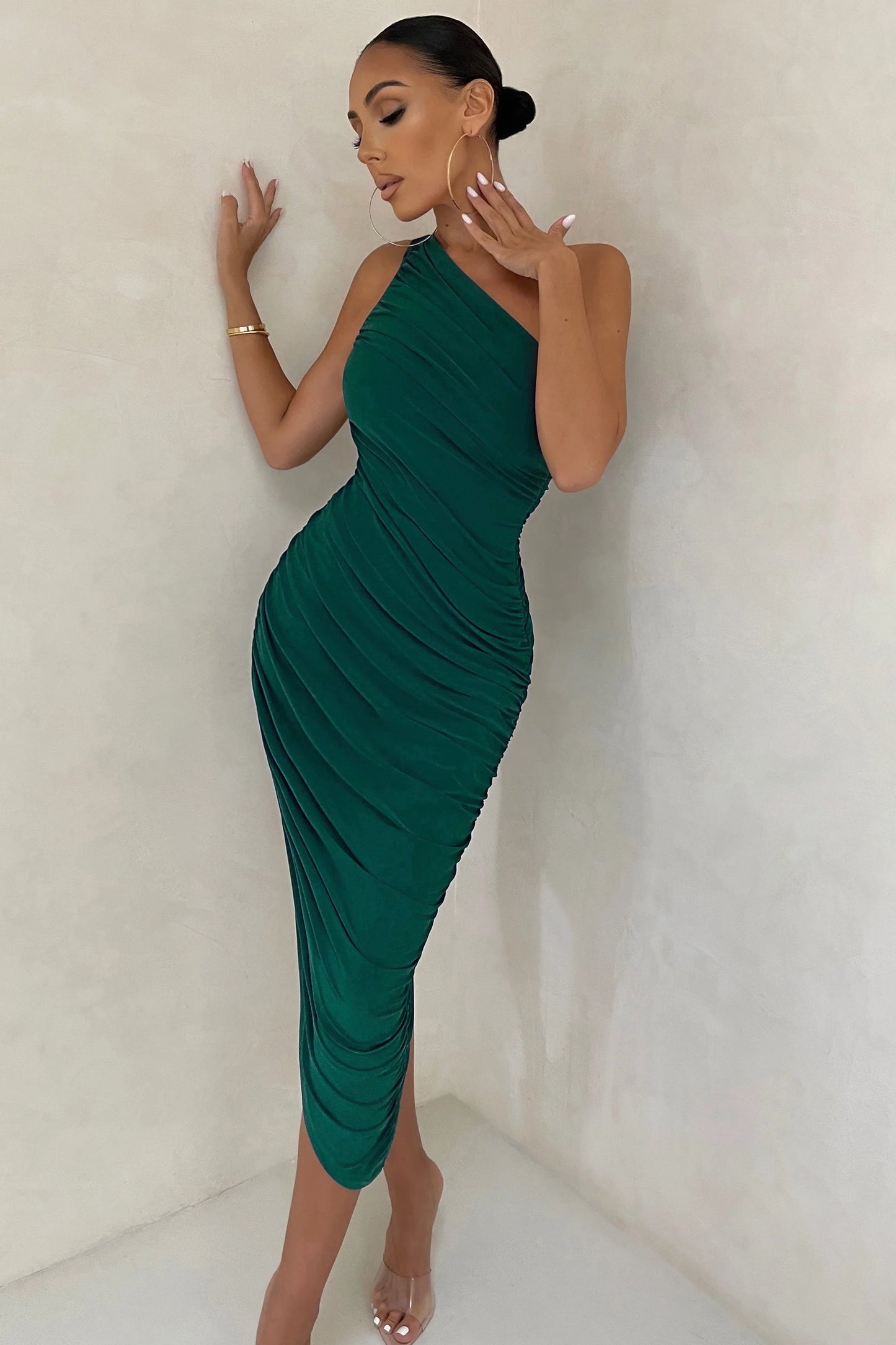 Late Night | Bottle Green Asymmetric One Shoulder Ruched Midi Dress