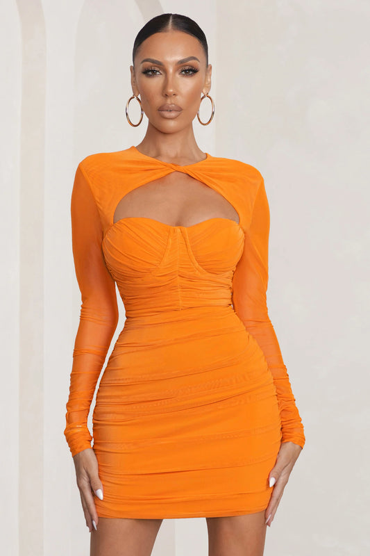 Daiquiri | Orange Cut Out Ruched Mesh Mini Dress With Long Sleeves