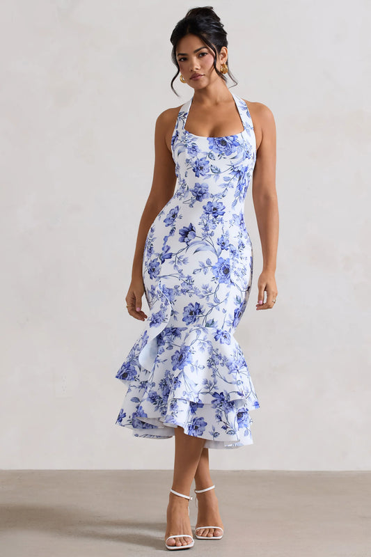 Arla | Blue Floral Print Halter-Neck Ruffle Trim Midi Dress