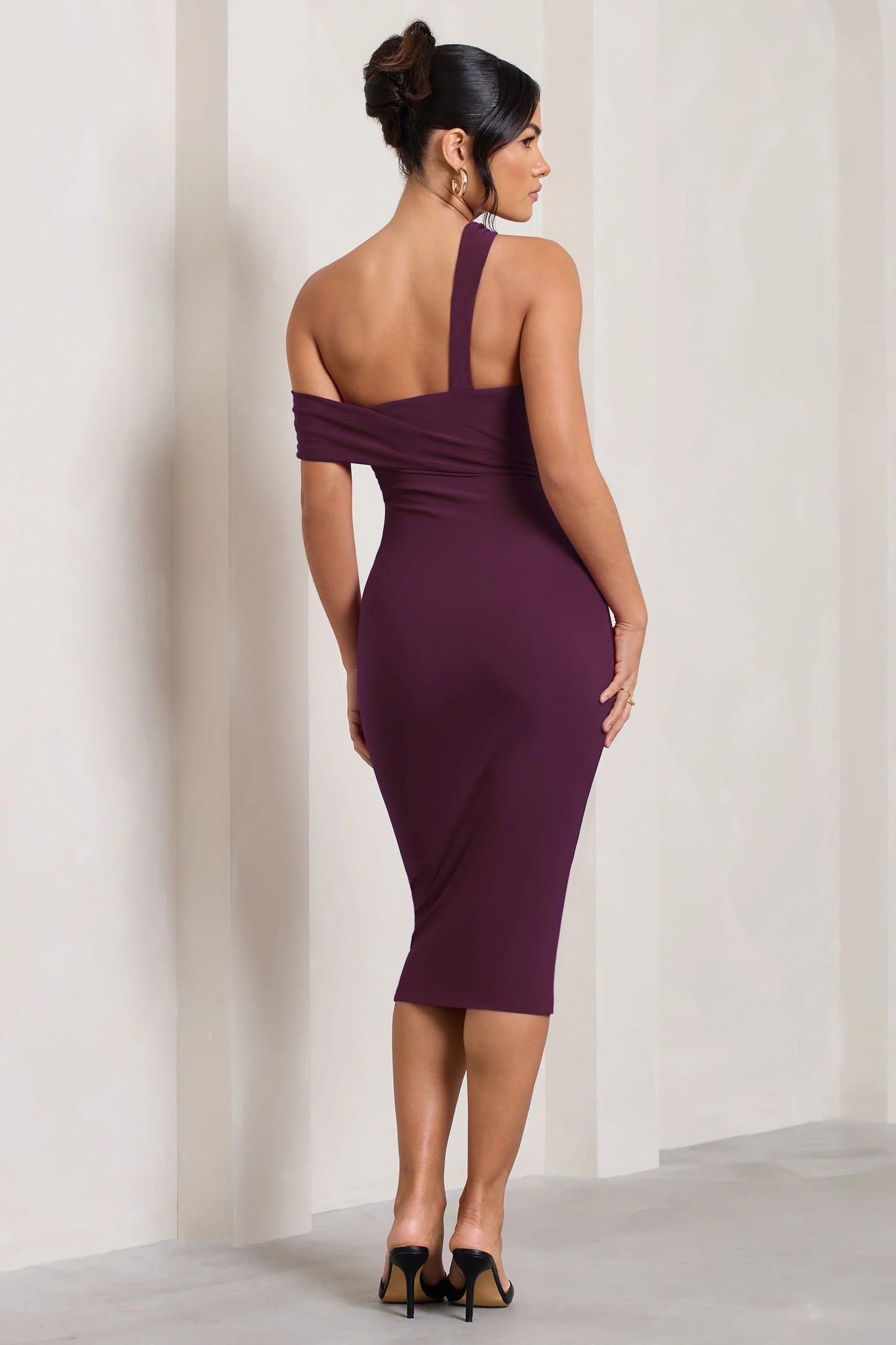 Ella | Plum Asymmetric Neck Cut Out Midi Dress