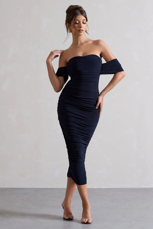 Lost For Words | Navy Bardot Ruched Draped Midi Dress