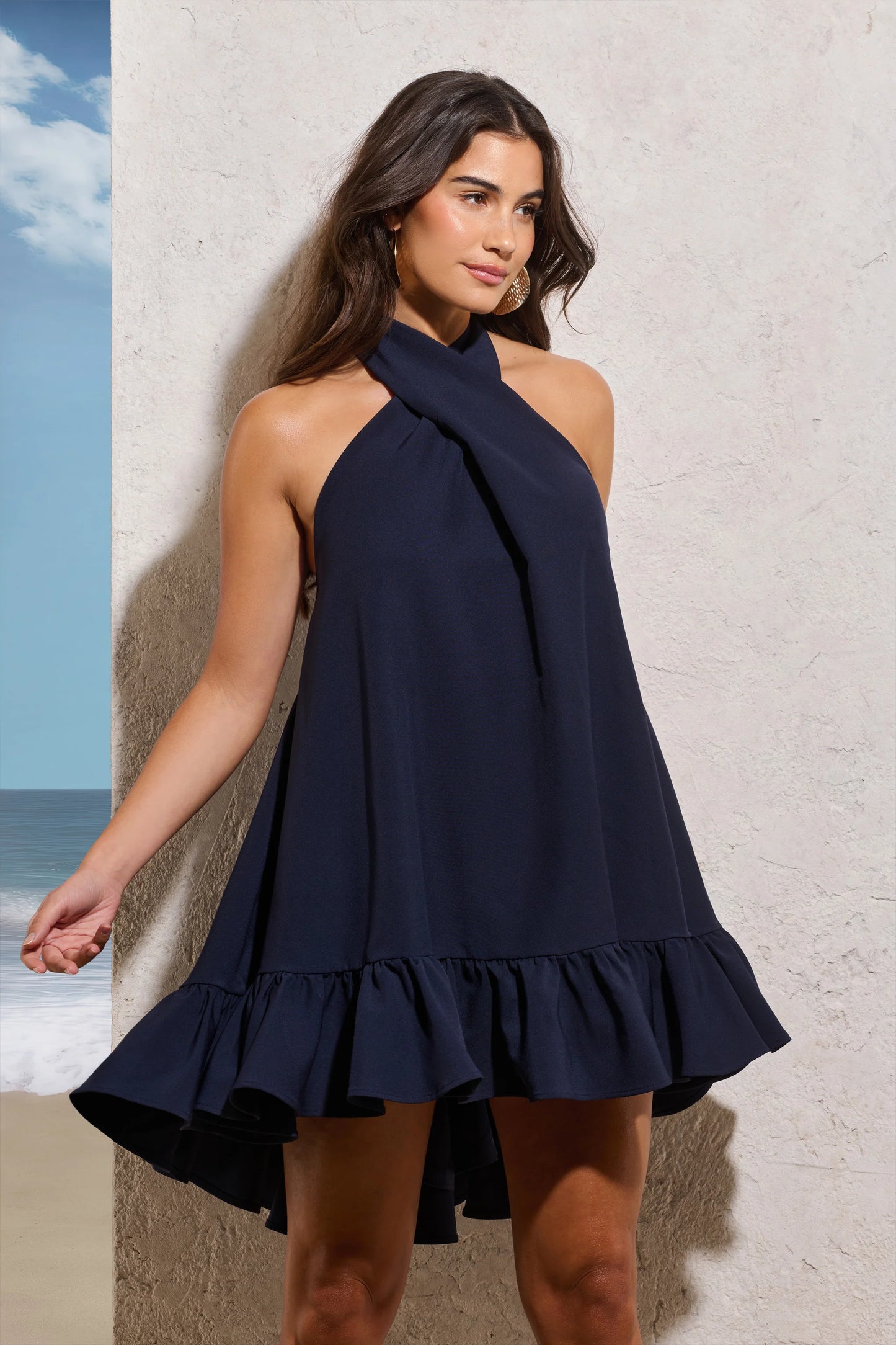 August | Navy Halter-Neck Smock Mini Dress