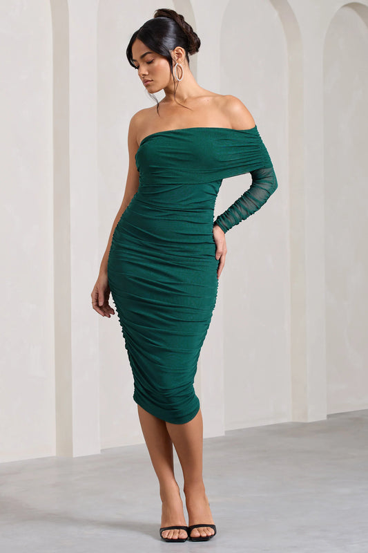 Bijou | Bottle Green Asymmetric Bardot Mesh Ruched Midi Dress