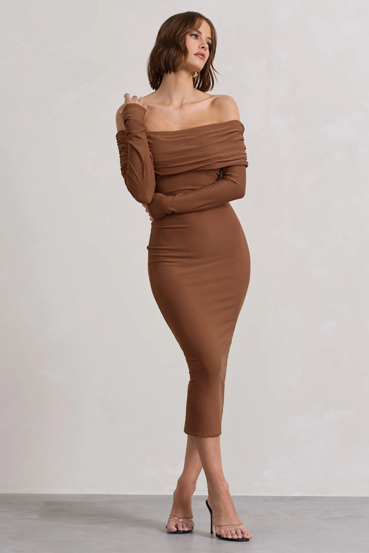 Intercept | Brown Bodycon Bardot Tie-Back Midi Dress