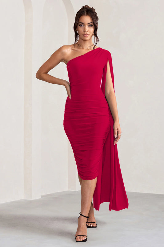 Yara | Red One Shoulder Cape Ruched Midi Dress