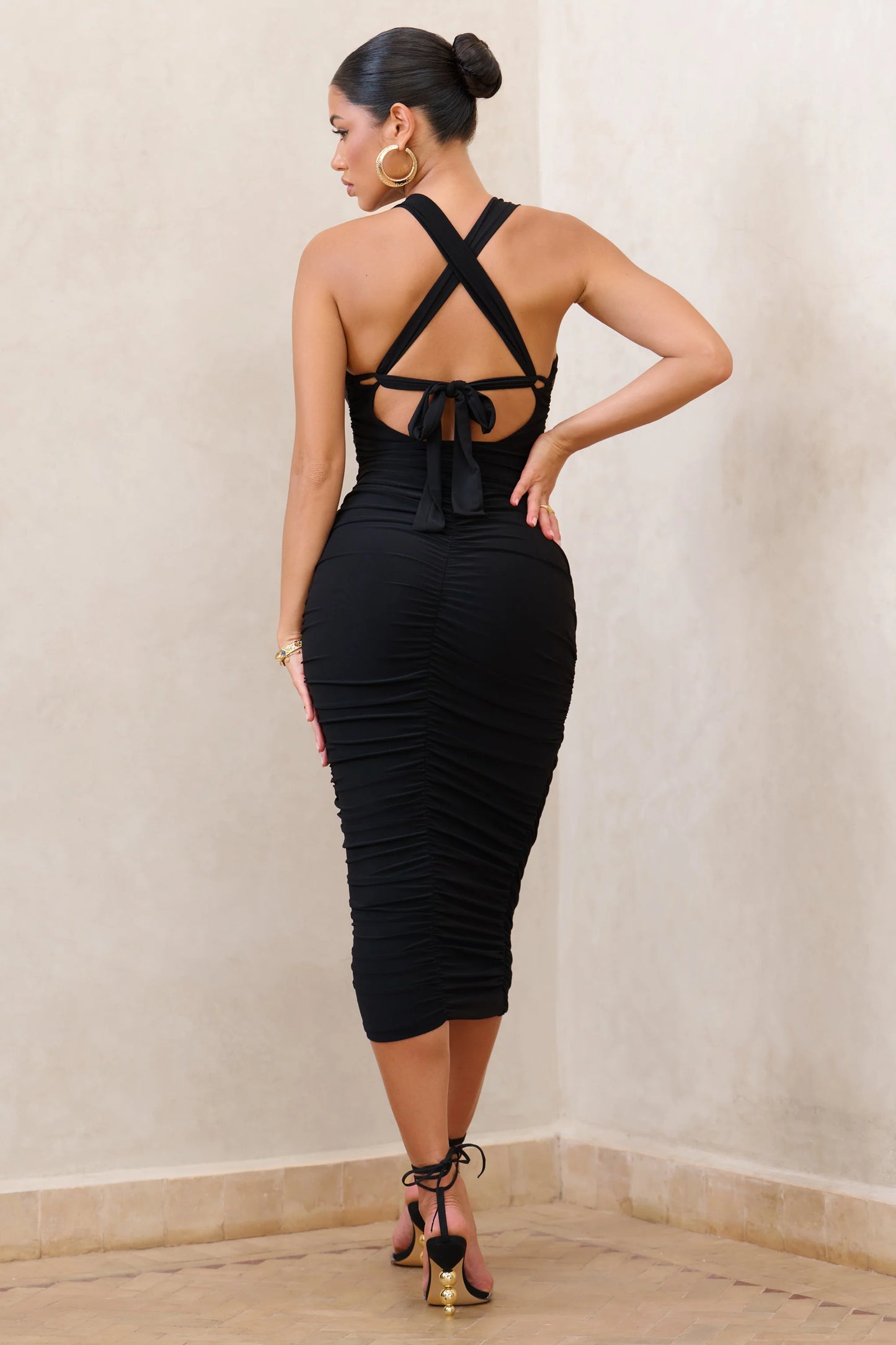 Embody | Black Cut Out Twist Front Ruched Midi Dress