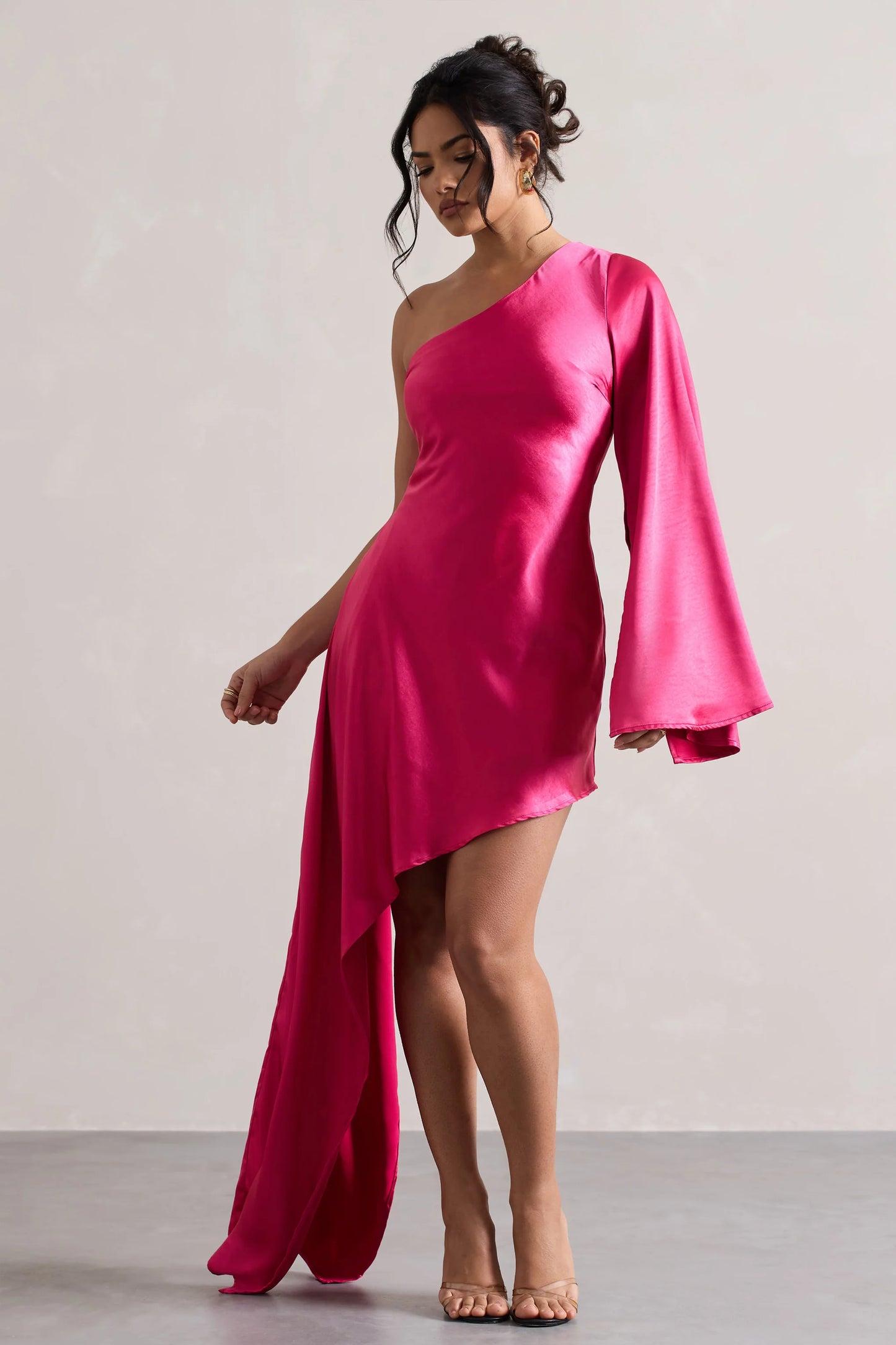 Hanna | Hot Pink One Shoulder Asymmetric Draped Satin Mini Dress