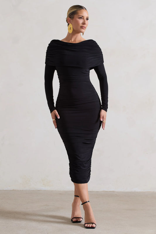 Lea | Black Long Sleeve Ruched Midi Dress with Draped Bardot Overlay