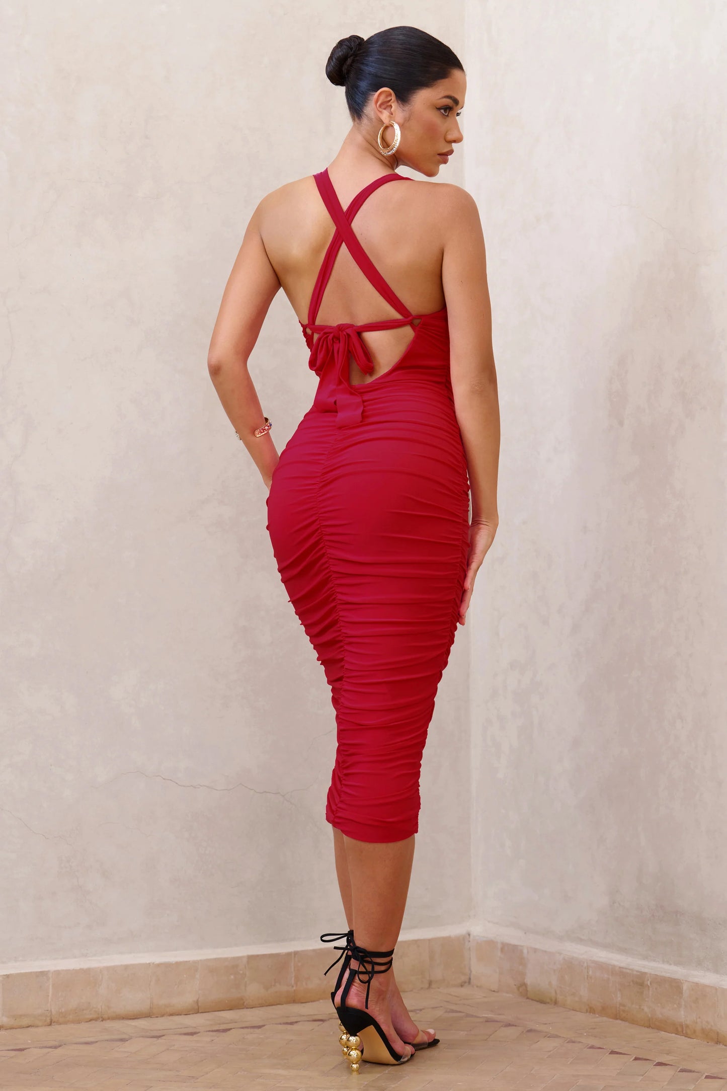 Embody | Red Cut Out Twist Front Ruched Midi Dress