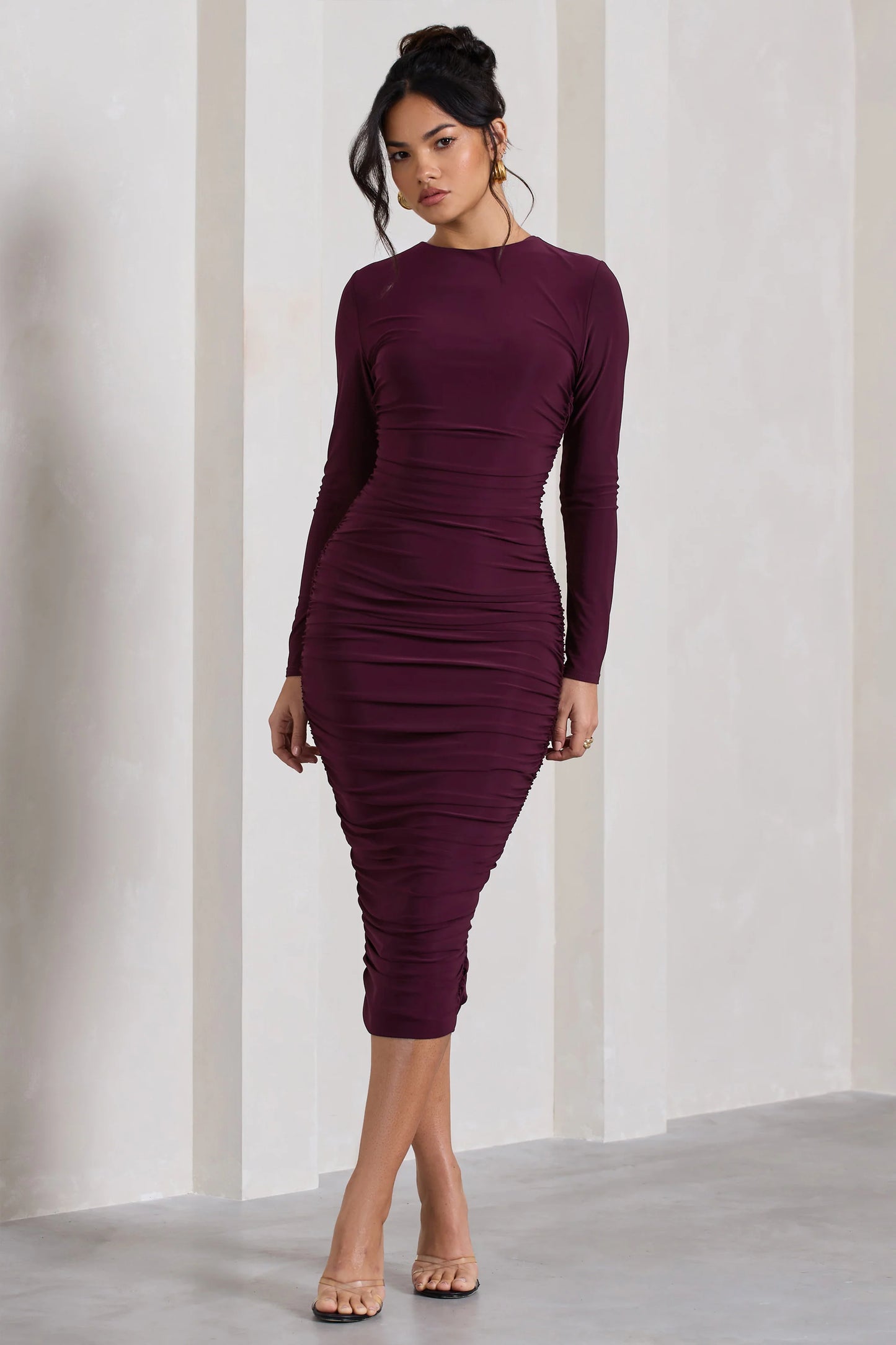 Emilie | Plum Ruched Long-Sleeve Midi Dress