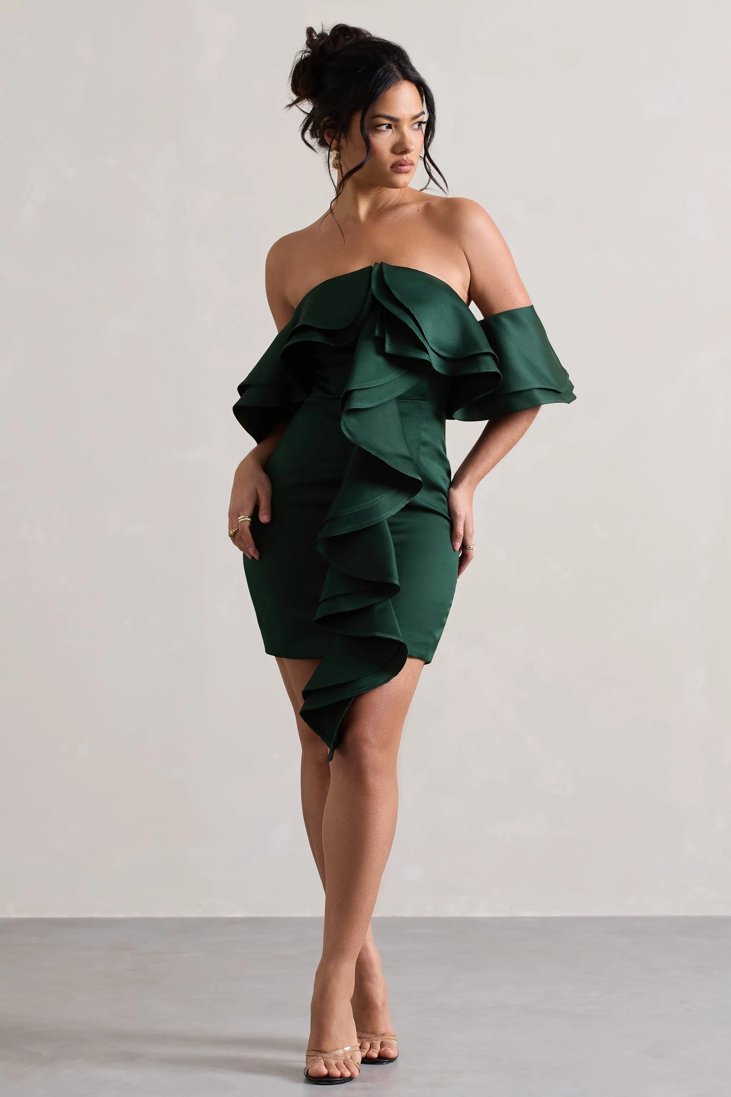 Aspen | Bottle Green Bardot Mini Dress With Ruffles