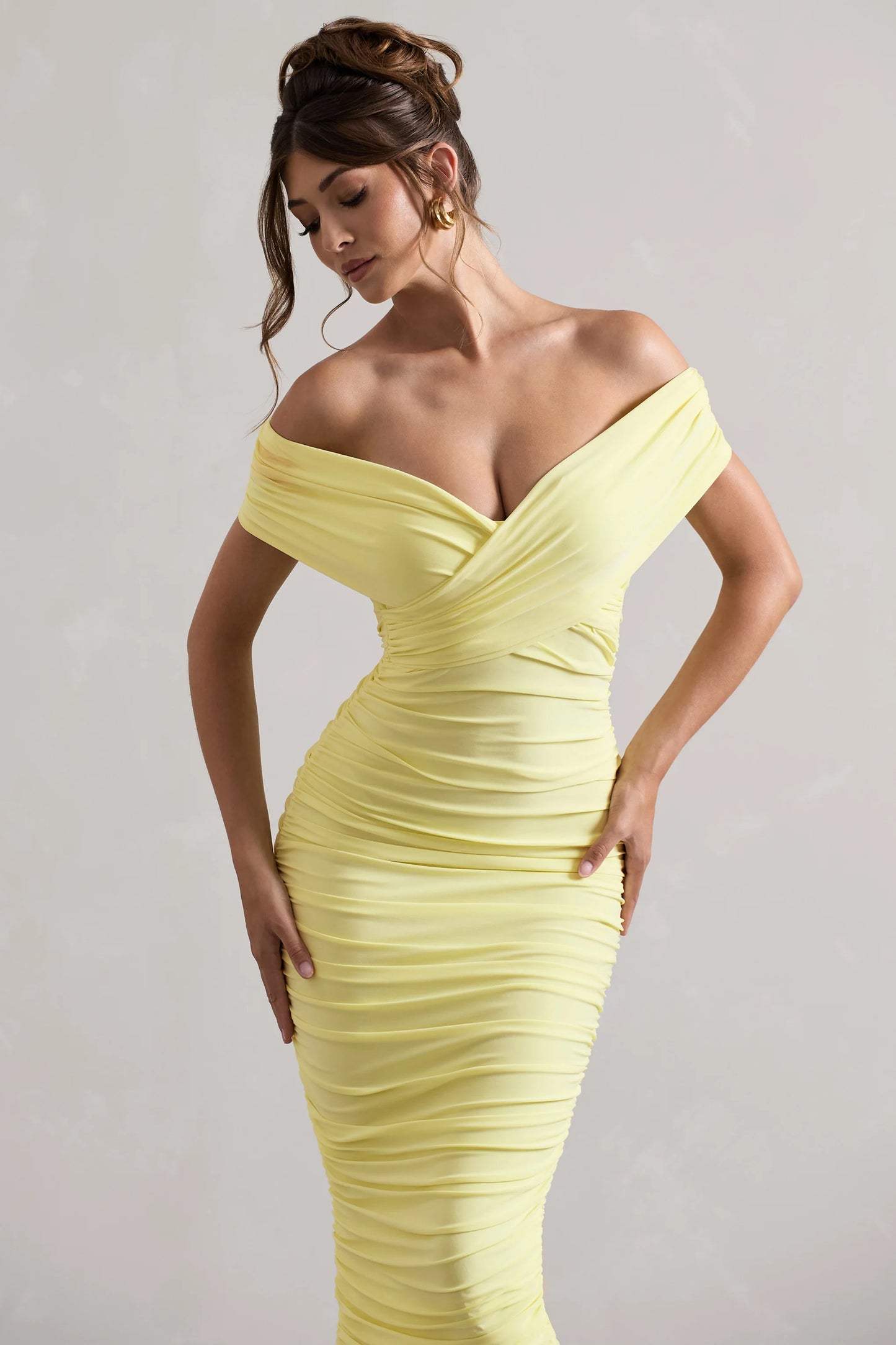 Unwrapped | Lemon Ruched Twist Bardot Midi Dress