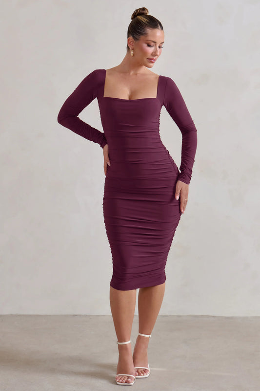 Seductress | Burgundy Square Neck Bodycon Midi Dress With Long Sleeves