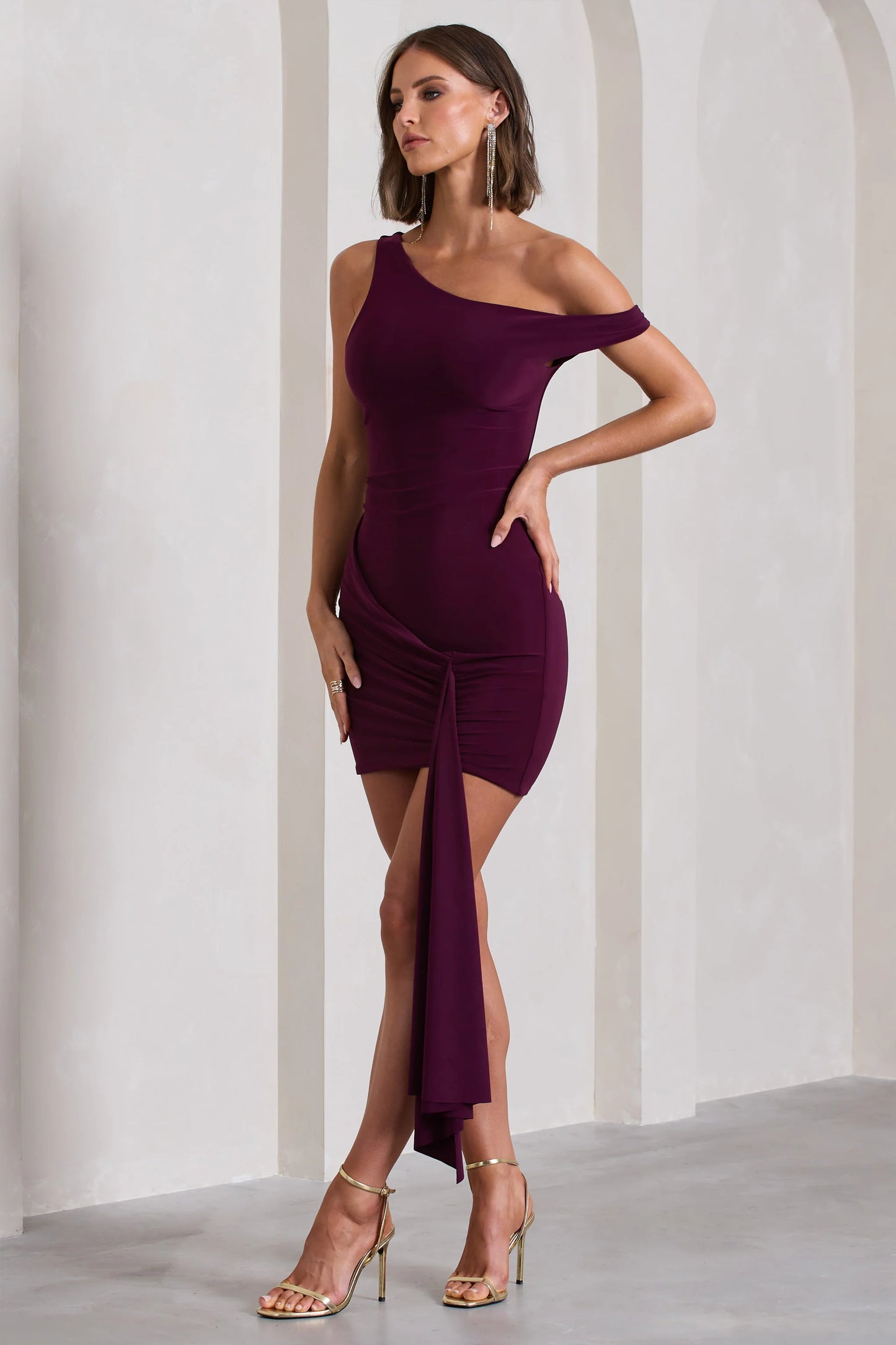 Arielle | Plum Asymmetric Mini Dress With Tie Sash