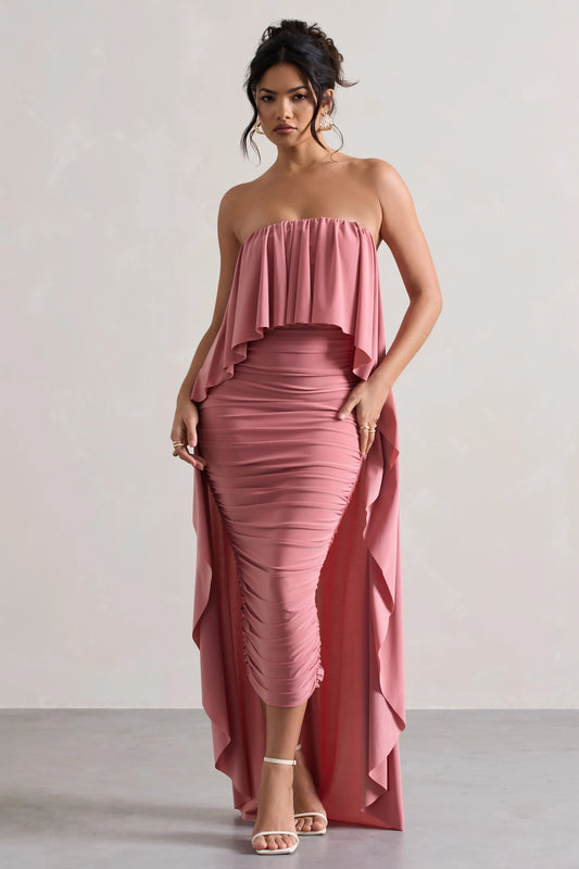 Upon A Time | Blush Ruched Bandeau Midi Dress With Cape